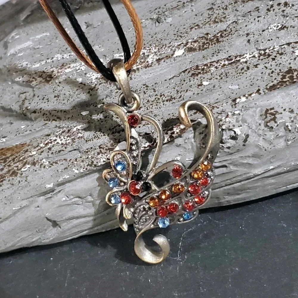 Rustic Antique Bronze Rhinestones Art Nouveau Pendant Necklace Vegan Leather - Picture 8 of 10